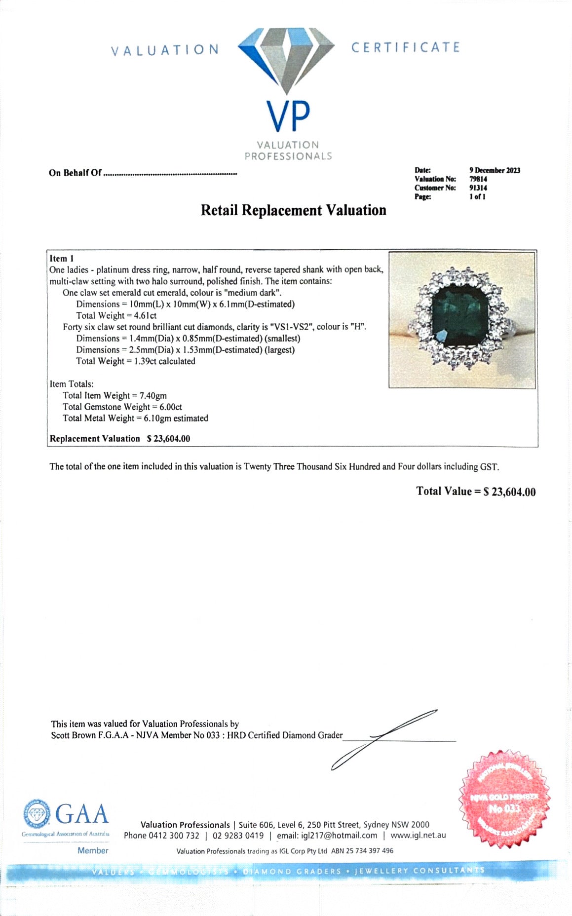 Platinum Emerald and Diamond Ring