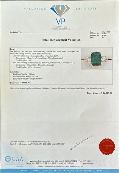 18ct Rose Gold Emerald and Diamond Trilogy Ring