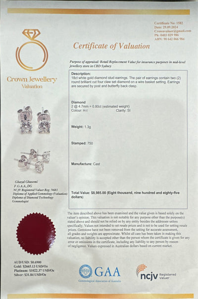 18ct white gold diamond studs 0.80ct tdw