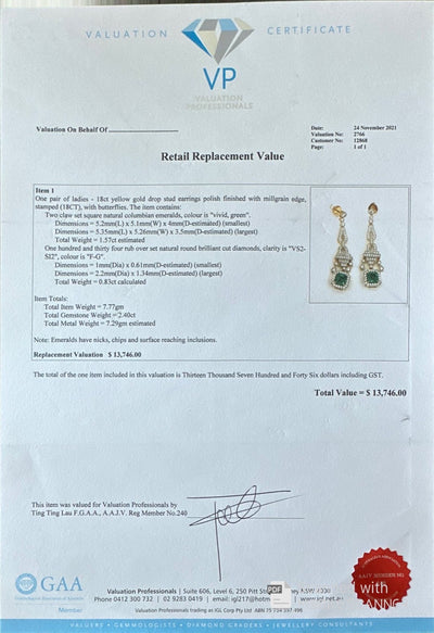 18ct Yellow Gold Colombian ‘Vivid Green’ Emerald and diamond Earrings