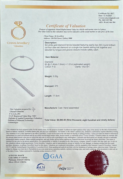 1.01ct Natural Diamond Bracelet in 9k White Gold