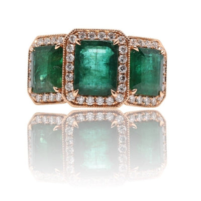 18CT Rose Gold Trilogy Emerald and Diamond Ring