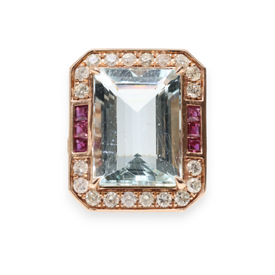 14ct rose gold Aquamarine, Ruby and Diamond ring