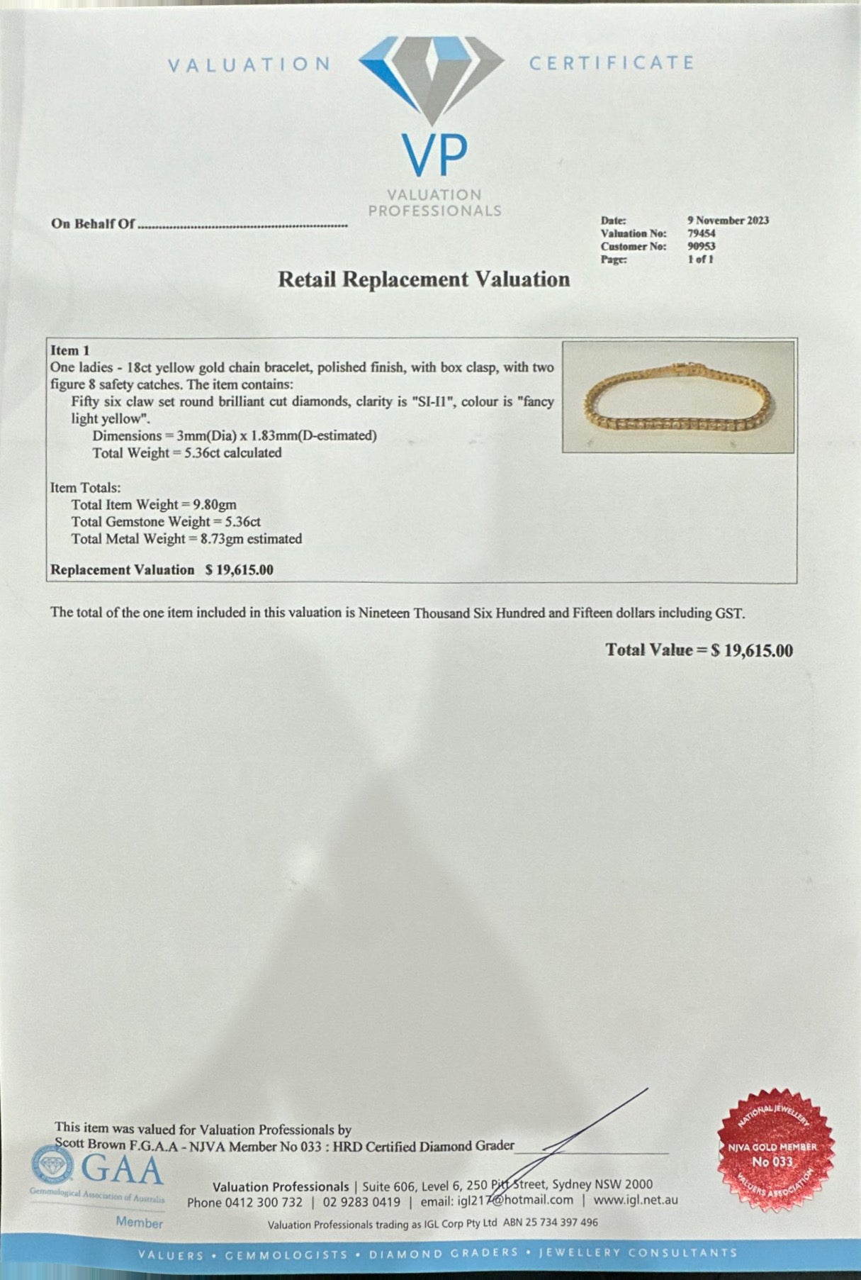 5.36ct YG Diamond Tennis Bracelet