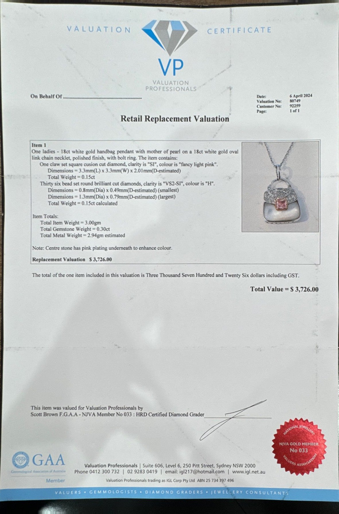 Pink Diamond , Mother of Pearl, White Diamonds in 18ct Gold