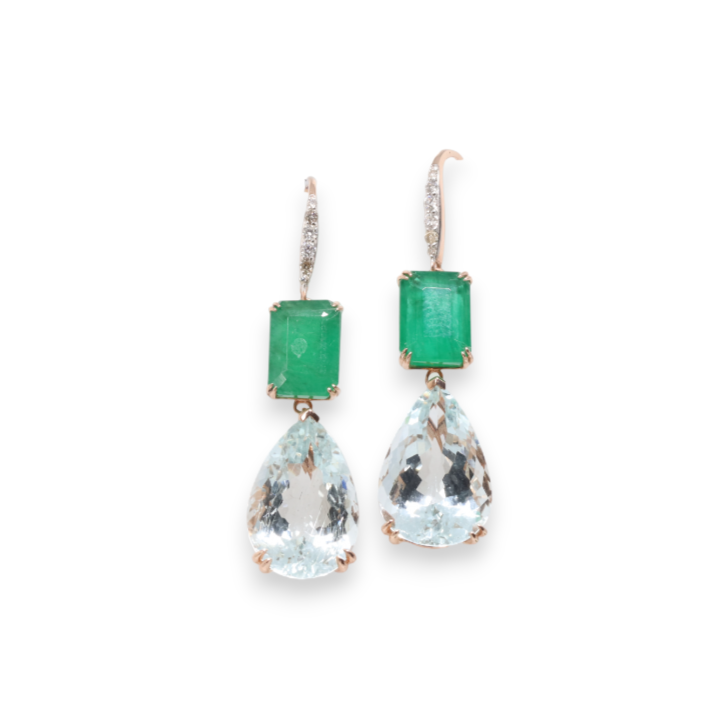 14ct Rose Gold Aquamarine, Emerald and Diamond Earrings