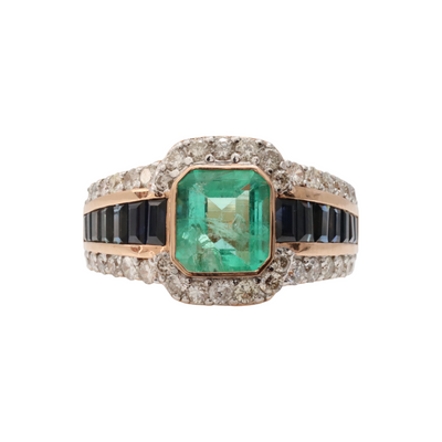 18ct Rose Gold, Colombian Emerald, Sapphires and Diamond ring