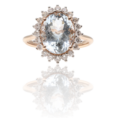 14ct rose gold Aquamarine and diamond cluster ring