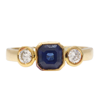 Trilogy Ceylon Sapphire and Diamond ring in 18ct yellow gold