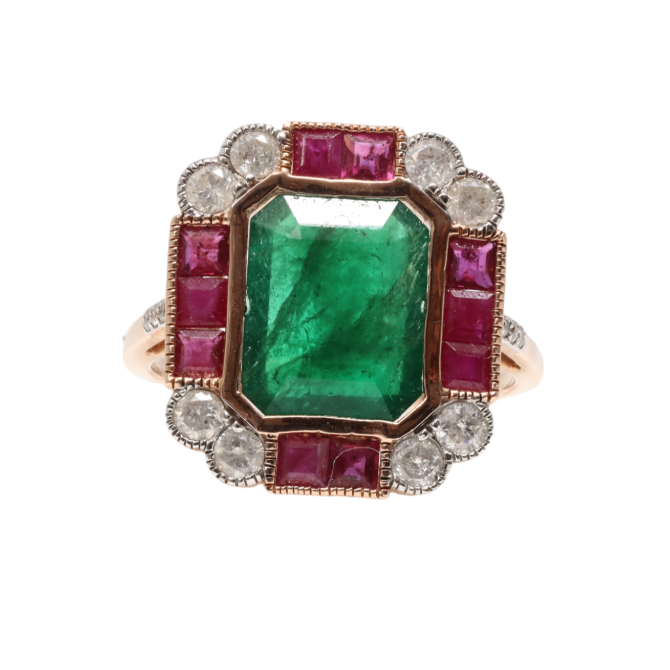 14ct Rose Gold Emerald , Ruby and Diamond Cocktail Ring