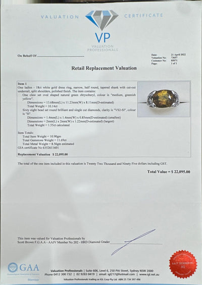 Chrysoberyl GIA certified in 18k white gold and Diamonds