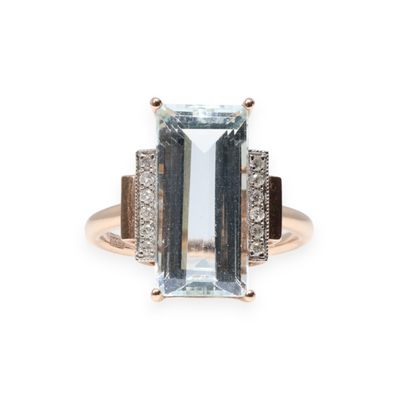 14ct rose gold Aquamarine and Diamond dress ring