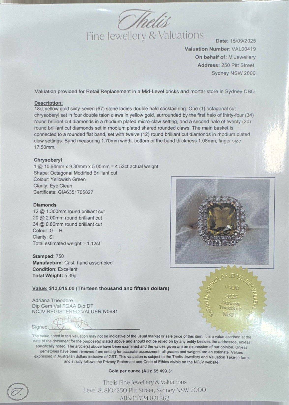 Chrysoberyl GIA certified , Diamonds, in 18k Yellow Gold Ring