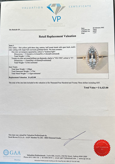 18ct yellow gold Aquamarine amd diamond dress ring