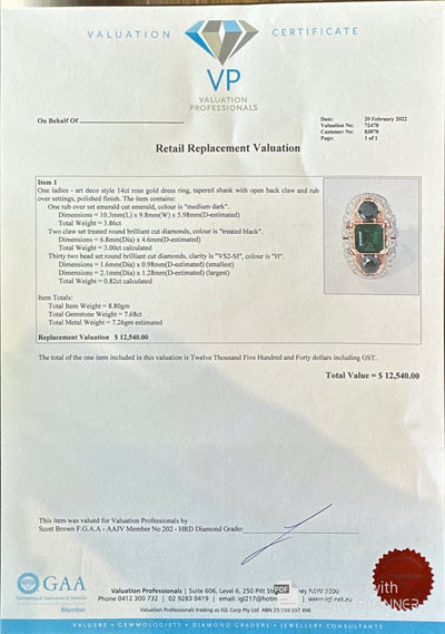 14ct Rose Gold Emerald, Diamond and Black Diamond Ring