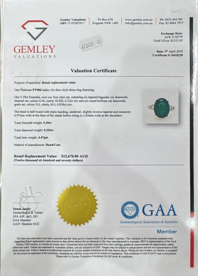 Platinum Emerald and Diamond Art Deco design ring