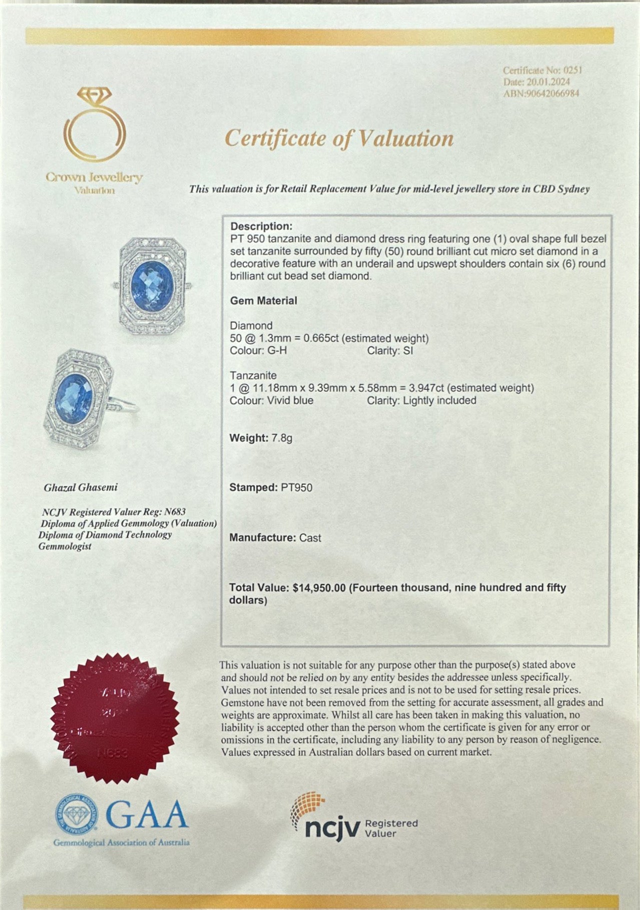 Tanzanite and Diamond In platinum