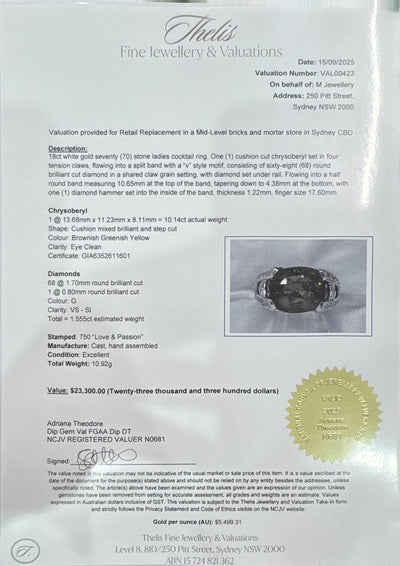 Chrysoberyl GIA certified in 18k white gold and Diamonds