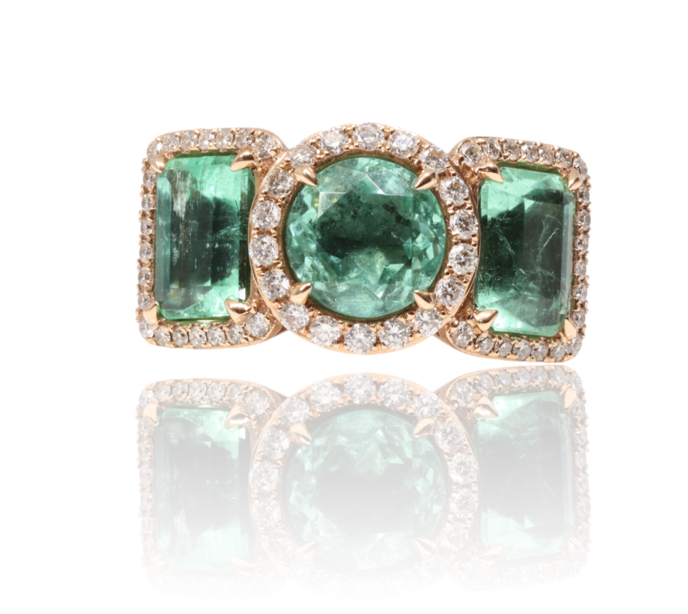 18ct Rose Gold Colombian Emerald and Diamond Trilogy Ring