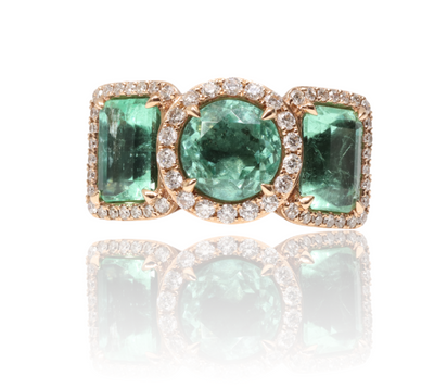18ct Rose Gold Colombian Emerald and Diamond Trilogy Ring
