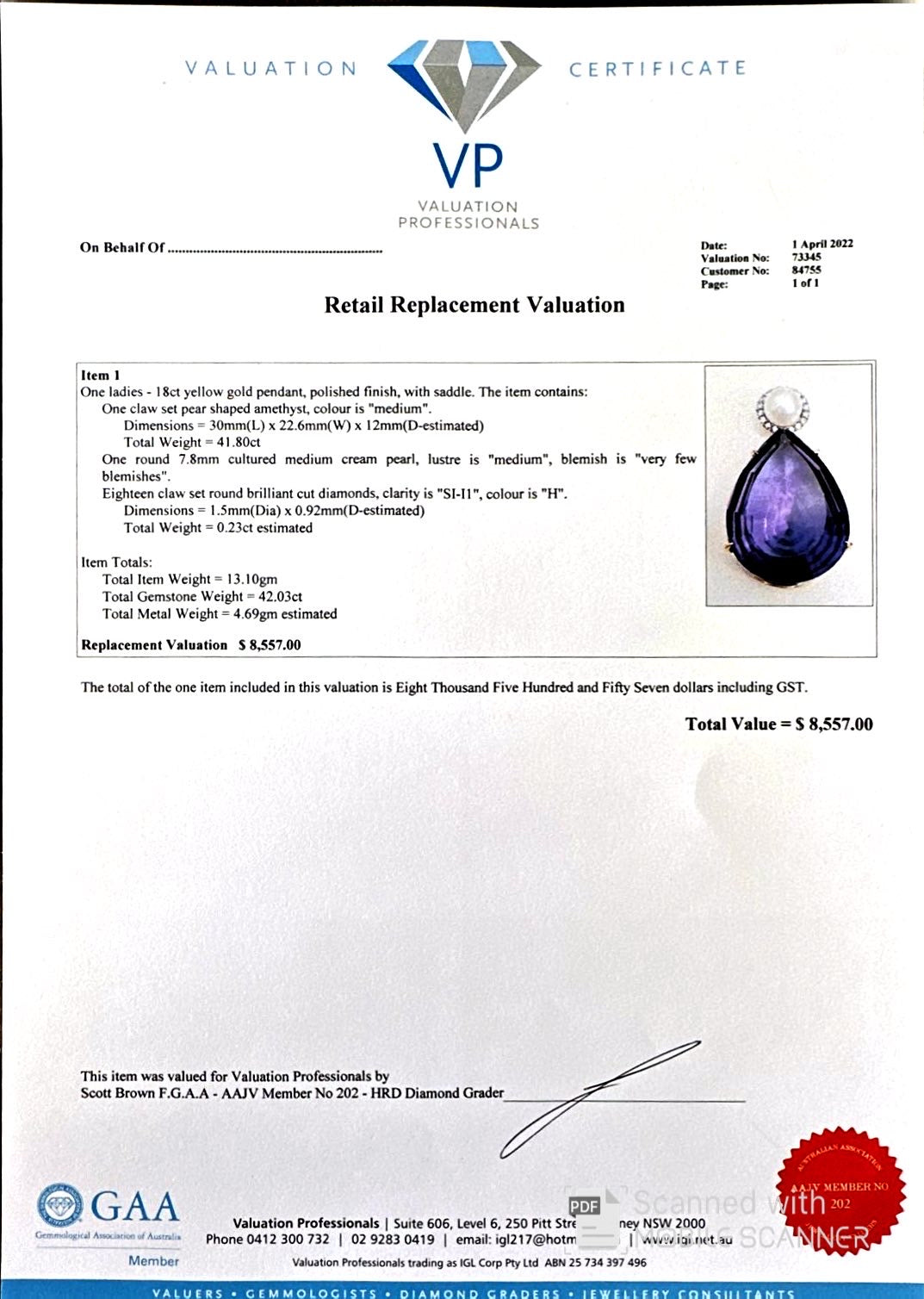 18ct White Gold Amethyst, Pearl and Diamond Pendant