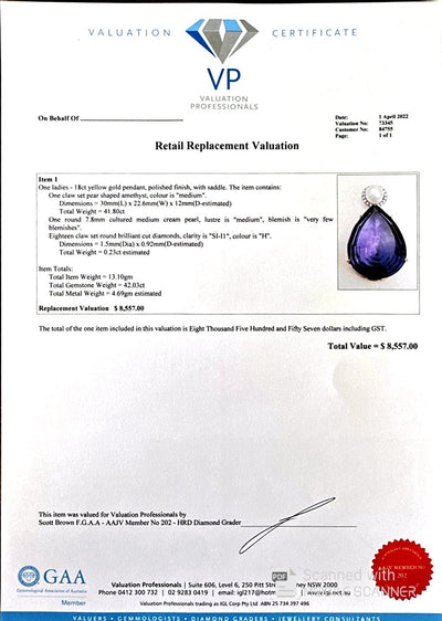 18ct White Gold Amethyst, Pearl and Diamond Pendant