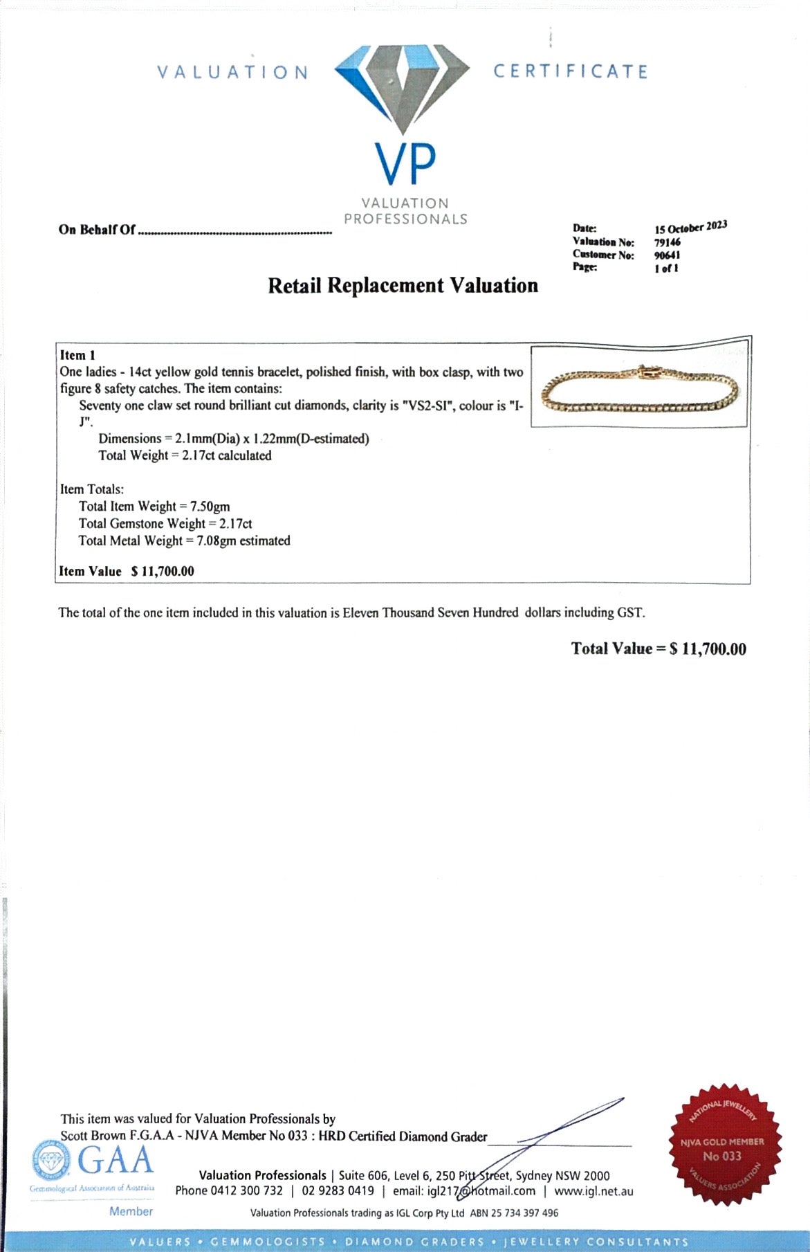 2.17ct YG Diamond tennis bracelet in 14ct