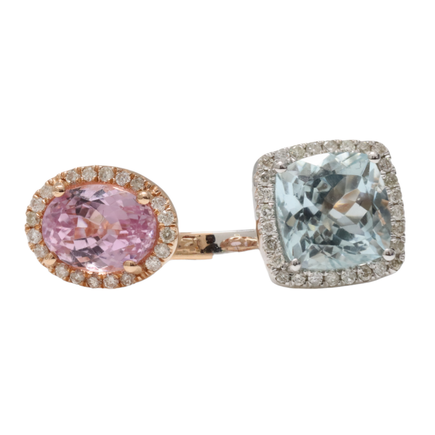 18ct Rose Gold, Aquamarine , Kunzite and Diamond ring