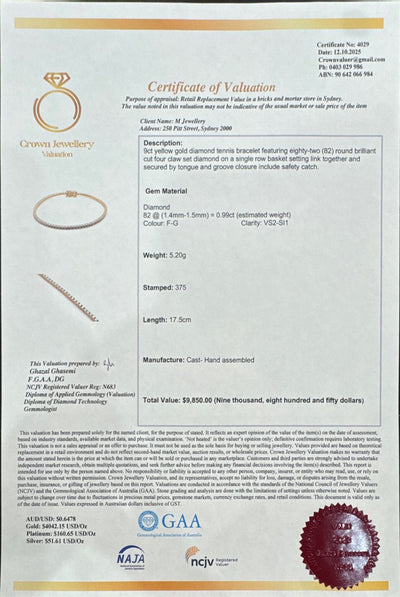 0.99ct Natural Diamond Bracelet in 9k Yellow Gold