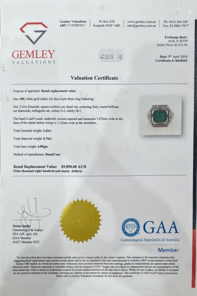 18k White Gold, Emerald and Diamond Ring