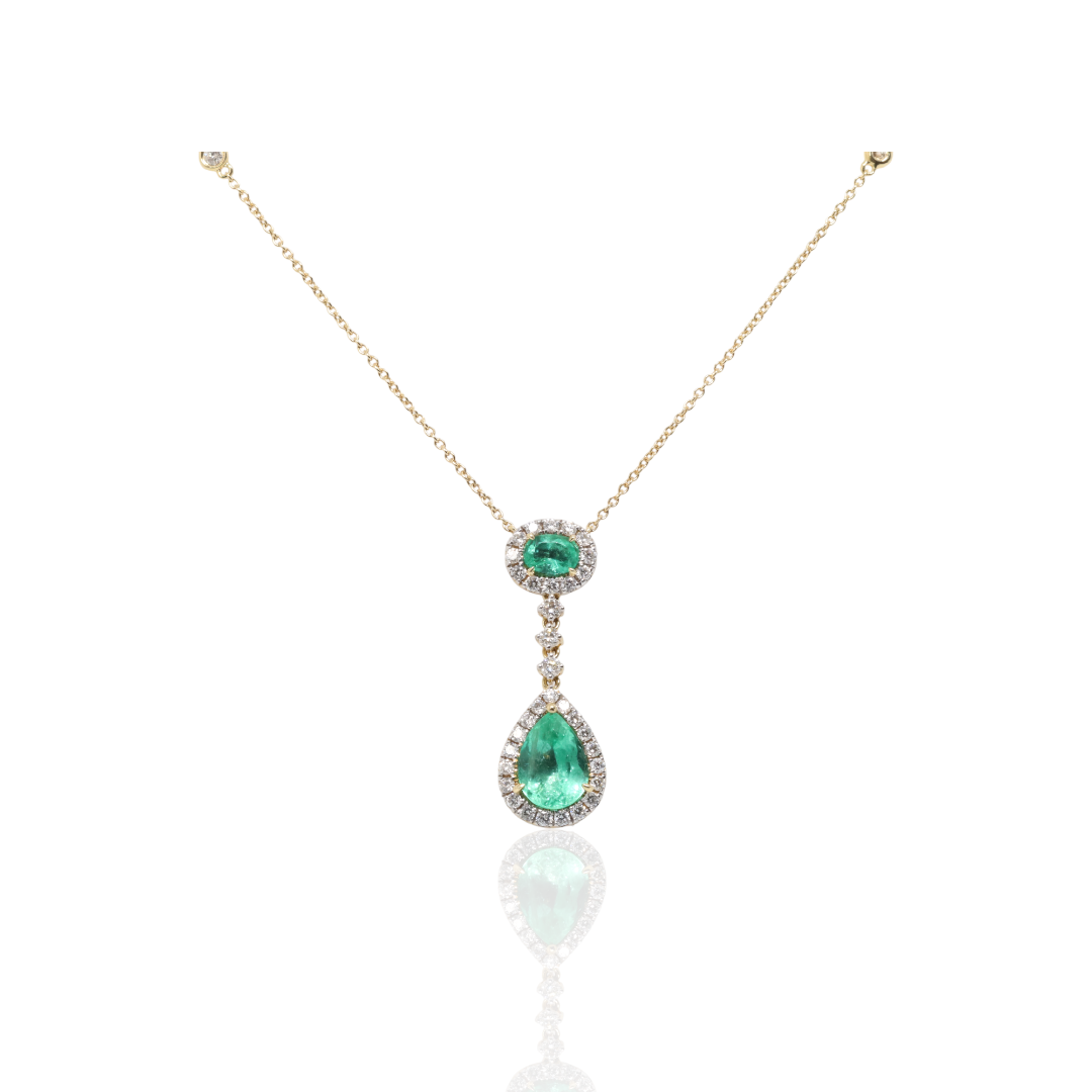 18ct Rose Gold Colombian Emeralds and Diamond double drop pendant and necklace