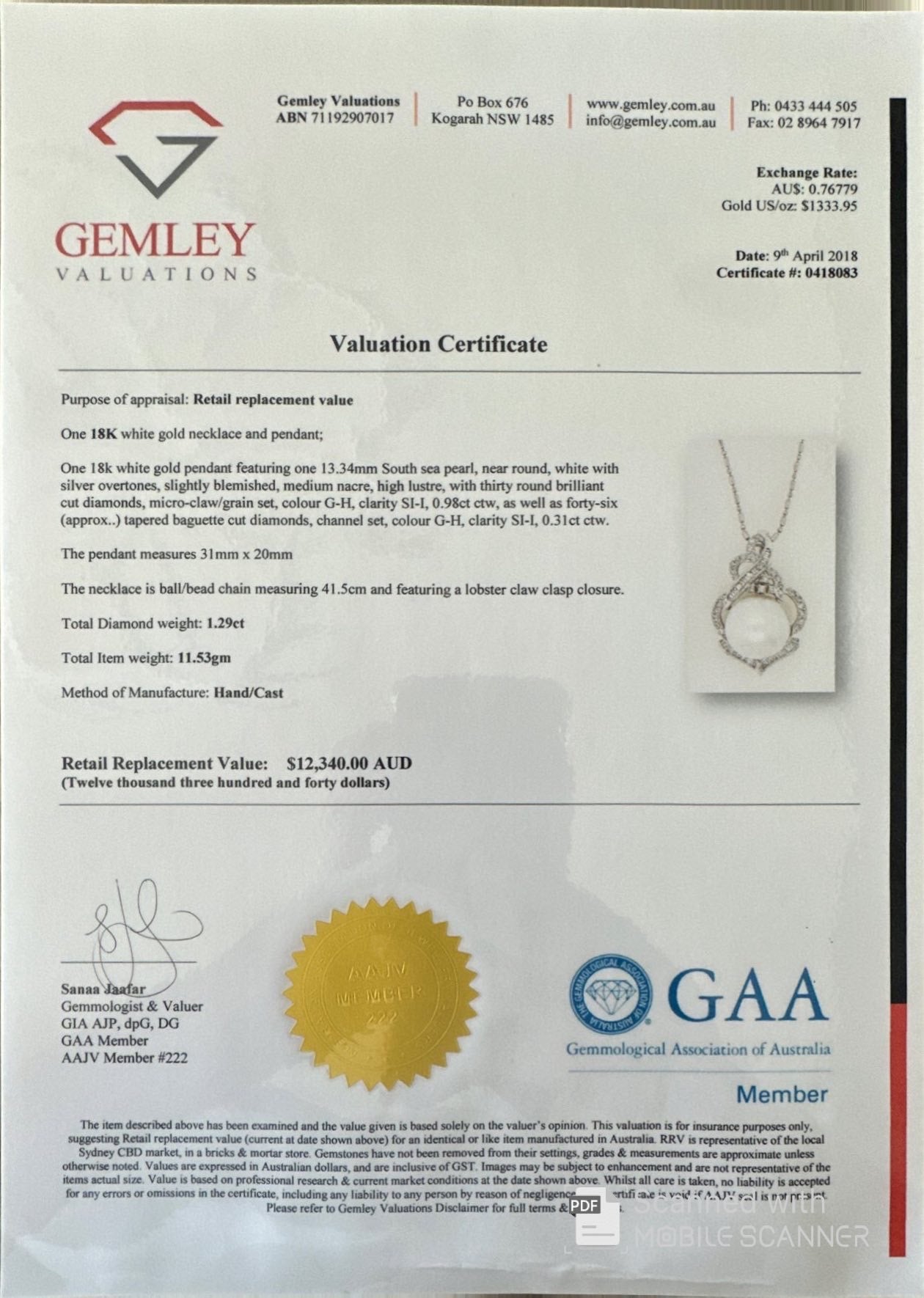 18ct White Gold South Sea Pearl and Diamond Necklace