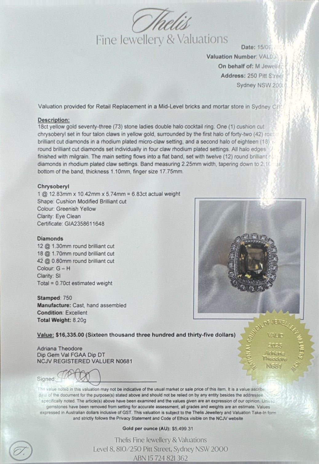 Chrysoberyl GIA certified , 18ct Yellow Gold and Diamond Ring