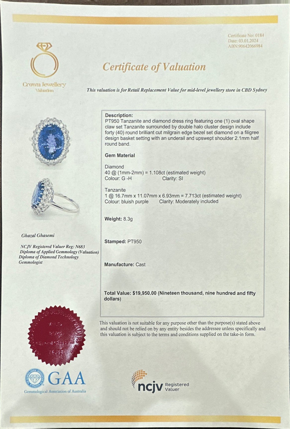 Platinum Tanzanite and Diamond Ring