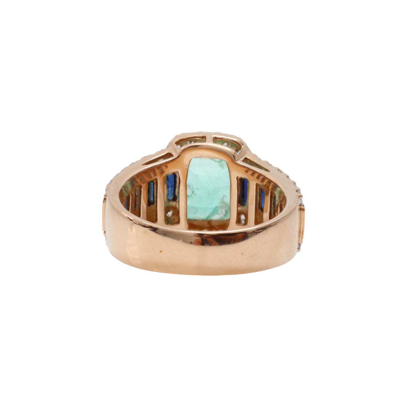 18ct Rose Gold, Colombian Emerald, Sapphires and Diamond ring