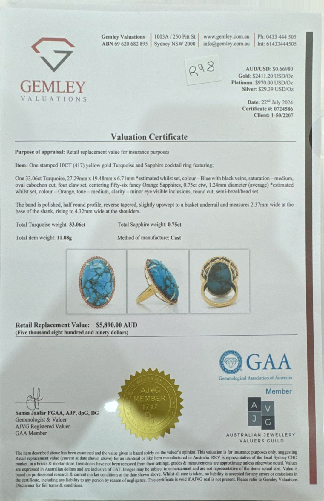 Turquoise and Sapphire ring in 10ct YG