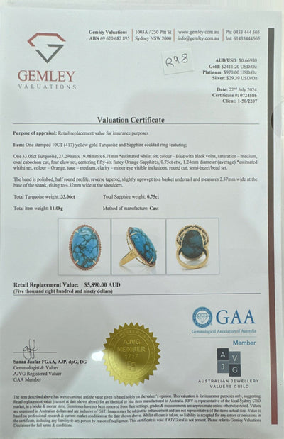 Turquoise and Sapphire ring in 10ct YG