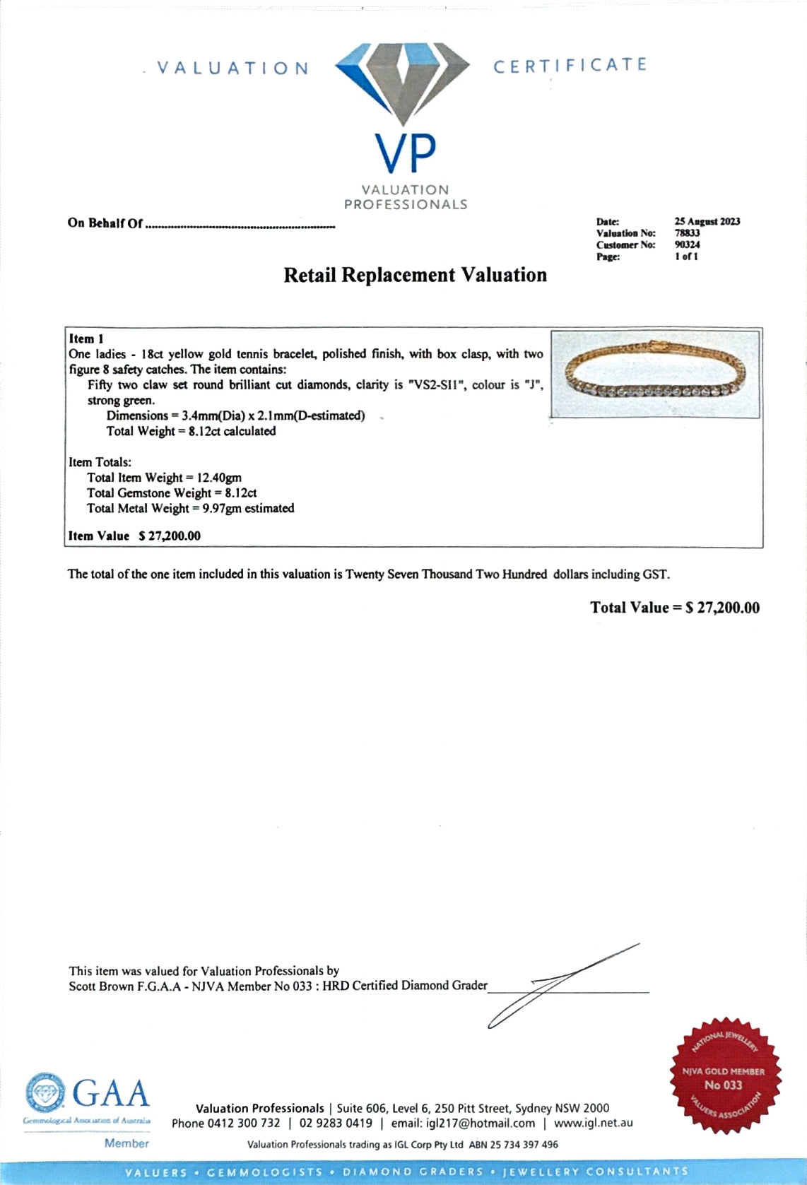 8.12ct YG Diamond tennis bracelet in 18ct