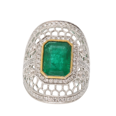 Platinum Emerald and Diamond Dress Ring
