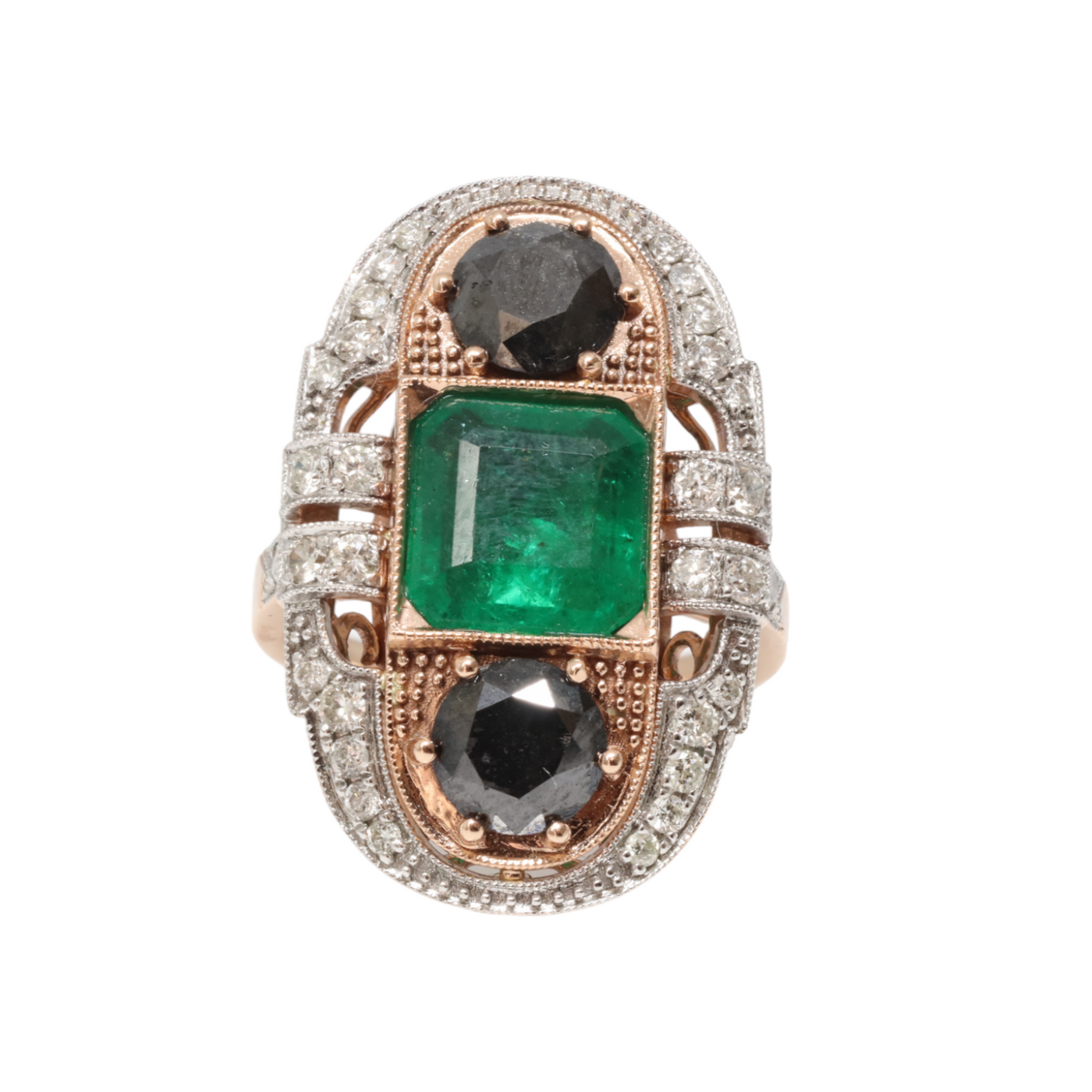 14ct Rose Gold Emerald, Diamond and Black Diamond Ring