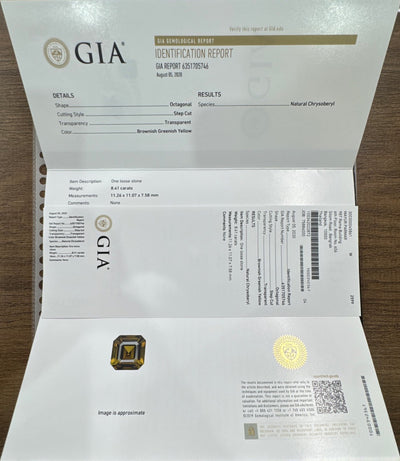 Chrysoberyl GIA certified and Diamond Ring in 18ct YG