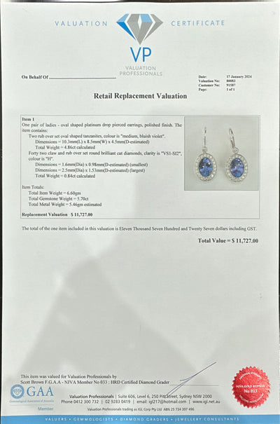 Platinum Tanzanite and Diamond Earrings
