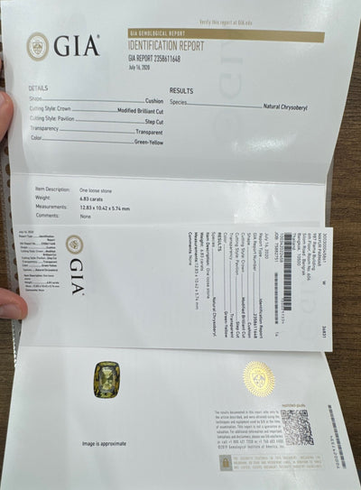 Chrysoberyl GIA certified , 18ct Yellow Gold and Diamond Ring