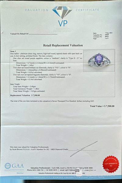 Platinum Sapphire (no heat) and Diamond ring