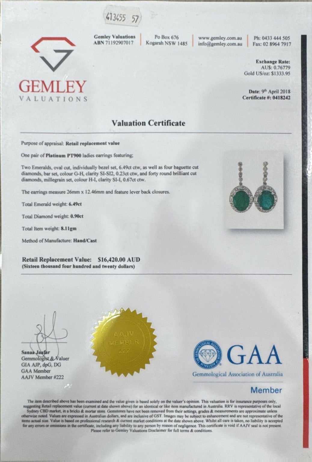 Platinum Emerald and Diamond Earrings