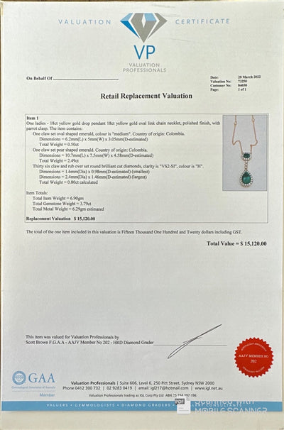 18ct Rose Gold Colombian Emeralds and Diamond double drop pendant and necklace