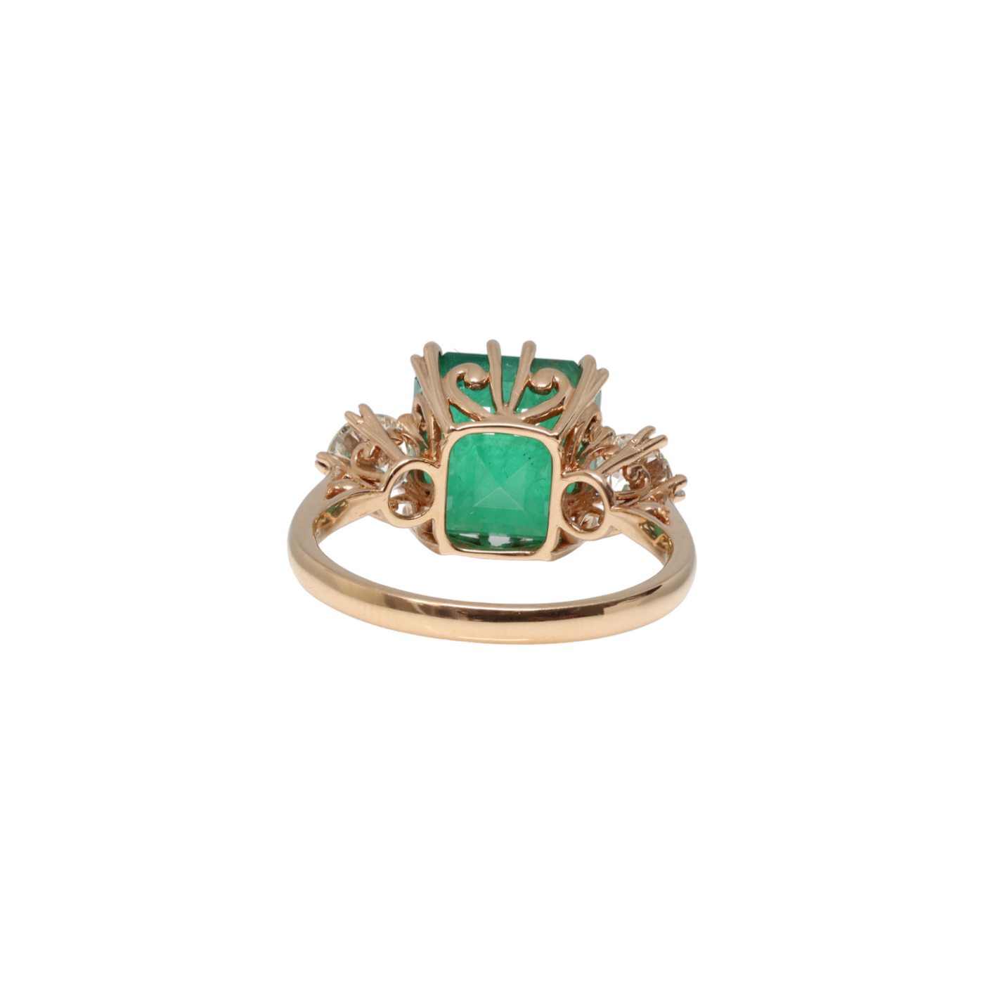 18ct Rose Gold Trilogy Emerald and Diamond Ring
