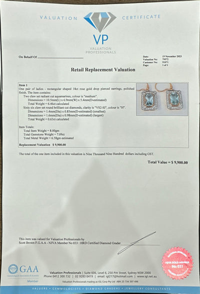 Aquamarime and Diamond Earringns in 18ct RG