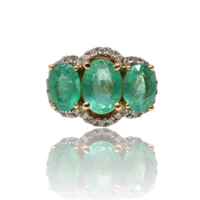 18ct Yellow Gold Emerald Trilogy and Diamond Ring