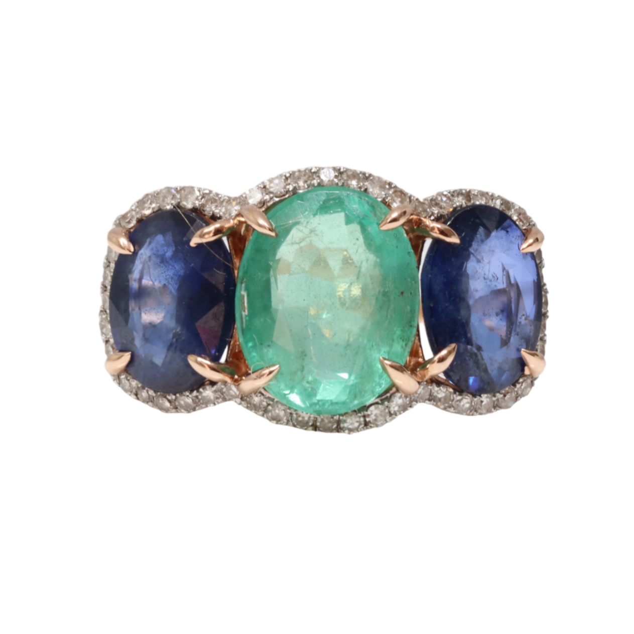 14ct Rose Gold Emerald, Sapphire and Diamond Ring